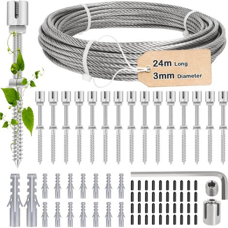 24m Stainless Steel Climbing Plant Stake Kit 16 Supports and Wire 3 mm for Roses, Vines and Tomatoes, Trellis System for Garden, Wall, Fence and Pergola (1/5)