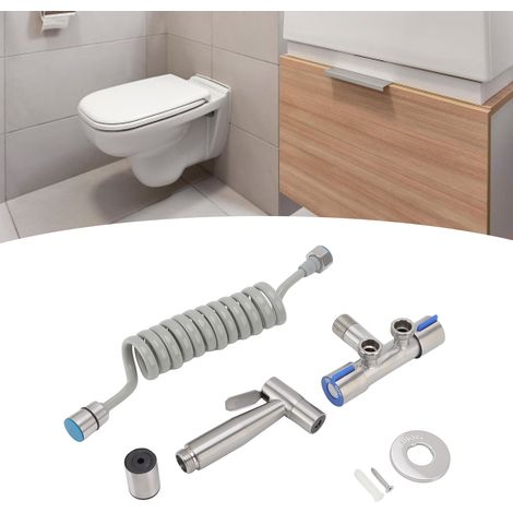 Bidé higiénico de alta presión para inodoro con conexión de rosca externa G1/2, fabricado en acero inoxidable 304, incluye bomba, botella y material de montaje. (1/5)