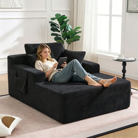 Canapé 1 place 110cm en velours côtelé,avec un dossier moelleux et des coussins de siège,poches latérales pour rangement,noir
