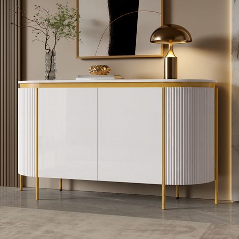 Buffet bas moderne 140x38x80 cm avec 4 portes, façade cannelée, meuble de rangement MDF avec pieds métal et design ovale pour salon - Blanc (1/5)
