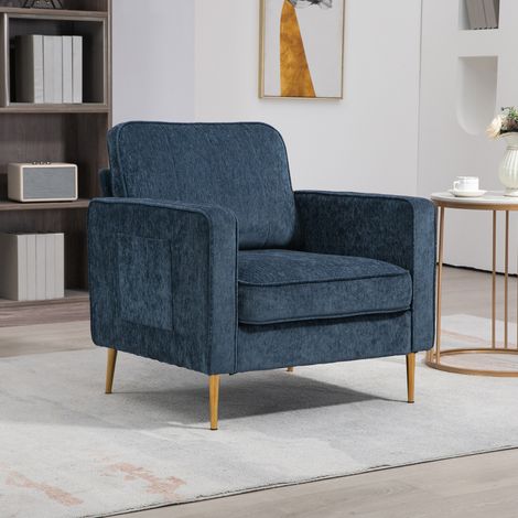 Mobilier Fauteuil en tissu avec pieds en acier grand confort pochettes latérales pour salon bureau chambre - doré bleu (1/4)