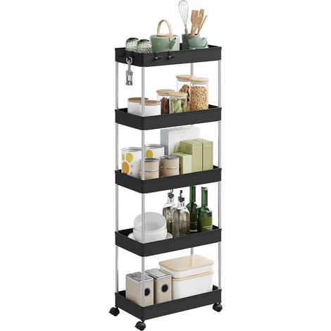 WOLTU Carrito de 5 Niveles con 4 Ganchos, 41,5 x 112 x 23 cm, Negro