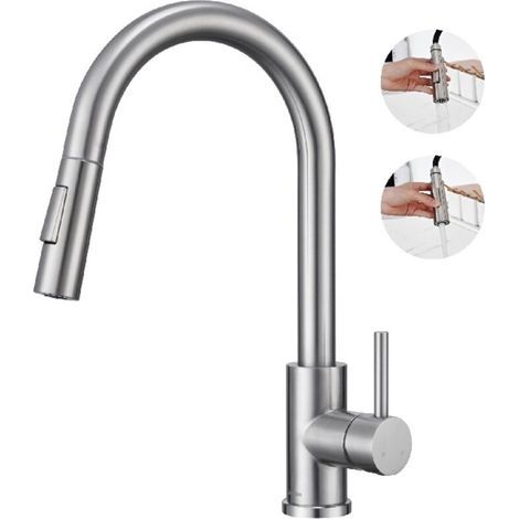 360° swivel kitchen tap with pull-out spray head – brushed stainless steel – two spray patterns (1/5)