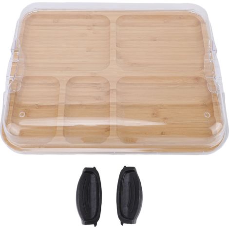 Planche à charcuterie avec couvercle transparent, 5 compartiments, planche à fromage en bois pour pique-niques (1/5)