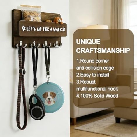 Support mural pour laisse de chien avec 4 crochets, porte-manteau pour chien avec étagère, porte-clés pour chien, support en bois pour l'entrée, le couloir, la chambre à coucher, le salon (1/4)