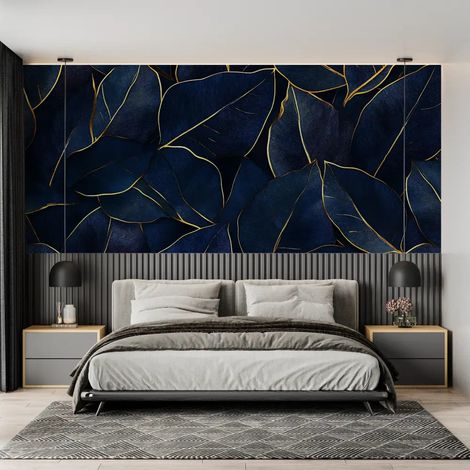 Papier Peint Feuillage – Feuilles Bleues aux Filets Dorés - 300 x 250 cm (1/2)