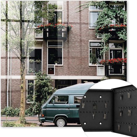 Armoire à clés - (30 cm x 30 cm) - Boîte à clés murale - Coffret de rangement pour clés - Couleur noire - Ouverture vers la droite - Pour maison et bureau - paysage urbain