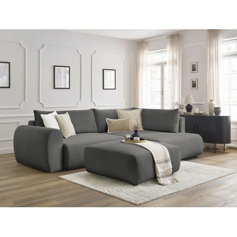 BOBOCHIC - Canapé d'angle L convertible coffre LUCIEN tissu lisse avec pouf Angle droit  Gris foncé (1/5)