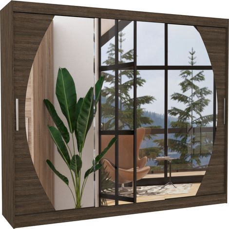 Grande armoire de chambre à coucher 3 portes coulissantes marron et miroir Kerry 250cm (1/5)