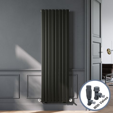 ELEGANT Designer Black Single Panel Vertical Radiator 1800 x 544mm with Anthracite Angled Thermostatic Radiator Valves (1/5)
