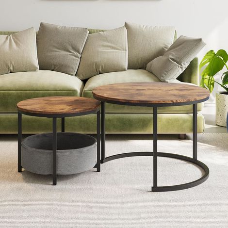 Mesa de centro redonda de 2 piezas apilable de estilo industrial, con bolsillo de almacenamiento, de metal y madera - marrón (1/5)