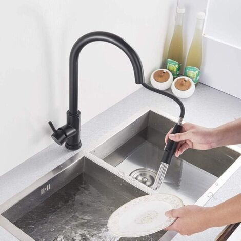 Robinet de cuisine tactile en acier inoxydable noir, mitigeur d'évier à deux voies avec douchette extractible, poignée unique. (1/3)