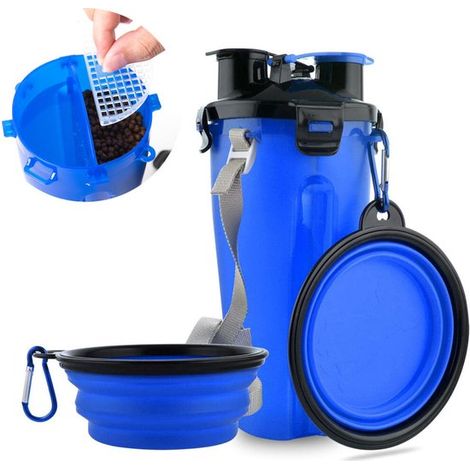 Borraccia per cani 2 in 1, ideale per cibo e acqua, con ciotole pieghevoli (2 x 350 ml), portatile e a prova di perdite. (1/5)