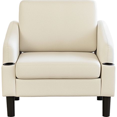 YODOLLA Fabric Accent Armchair with Cup Holders, Beige Upholstered Comfy Chair for Living Room, Bedroom, Reading Nook