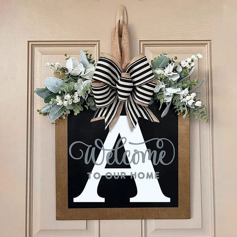 Décoration de porte principale Bouquet artificiel avec plaque bienvenue lettre A Bois multicolore année toutes saisons (1/3)