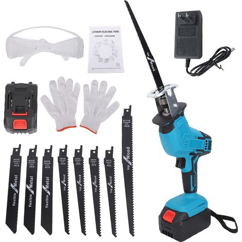 Cordless Reciprocating Saw Electric Power Saw 6500RPM Stepless Speed with 8pcs Saw Blades Safety Lock Button for Woods/Metal/Plastic Cutting US Plug 110-240V