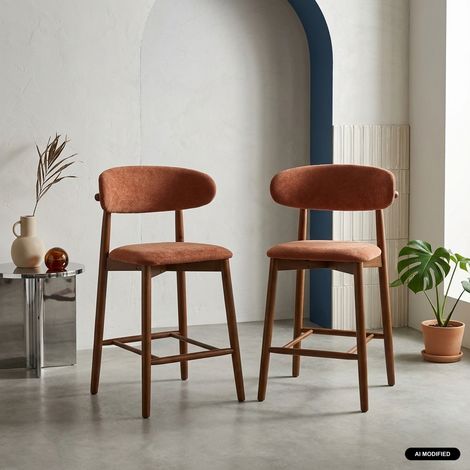 Lot de 2 tabourets de bar en bois d'hévéa noyer et tissu chenille - Paola Noyer / Terracotta