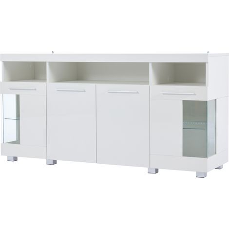 Aparador alto de salón 140 x 40 x 70 cm blanco brillo con LED, MDF y vidrio templado (1/5)