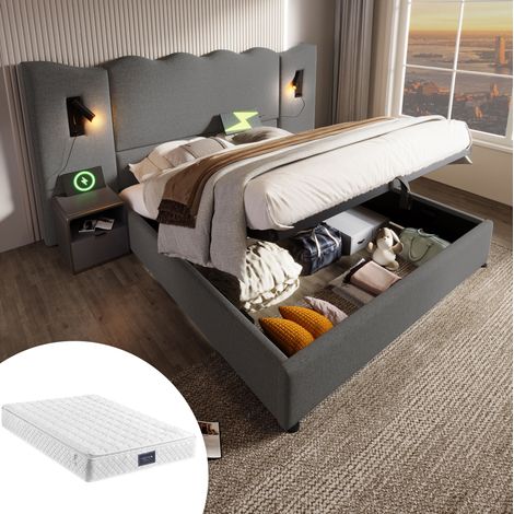 Bett Doppelbett Stauraum 160x200 Leinen Grau OKMYHOME (1/5)