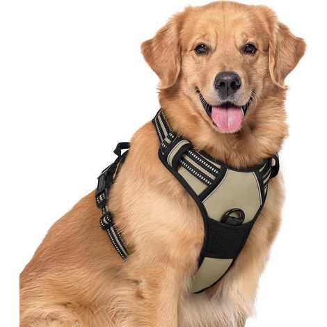 Harnais Chien XL Beige Anti Traction Réfléchissant Gilet Réglable pour Chien, Attache Devant Crochet de Laisse pour Randonnée Trajet Voiture, Bouledogue Français, Berger Australien (1/5)