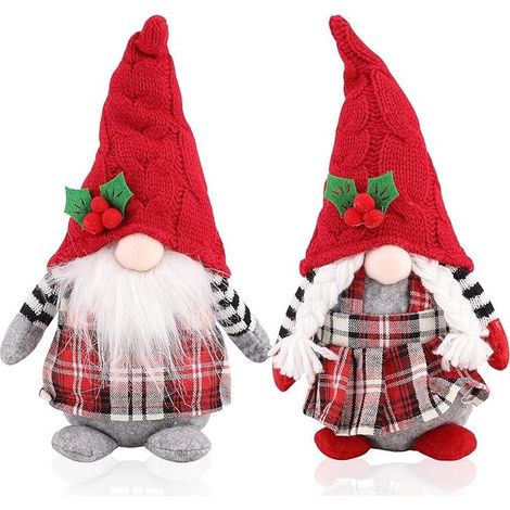 Lot de 2 poupées de père Noël tricotées en Peluche Rouge à Carreaux de Noël,11,8 Pouces d'ornements de décoration de Baies Rouges de Noël Gonk Nain Elfe,Debout,Cadeaux,Ornements (1/5)