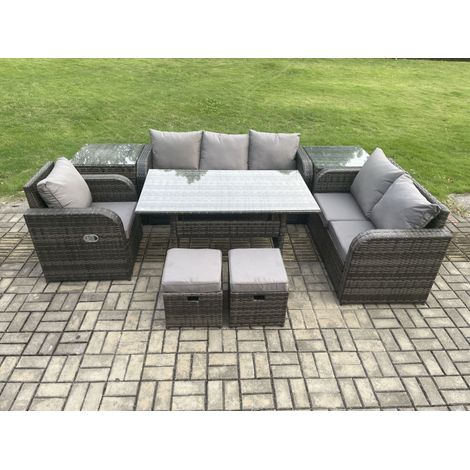 Fimous 8 Seater Garden Rattan Furniture Dining Table Sofa Set Indoor Outdoor with Reclining Chairs 2 Side Tables 2 Small Footstools Dark Grey Mixed