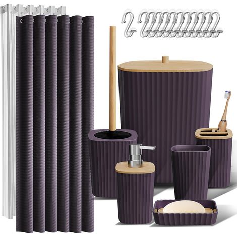 Ensemble de 20 Accessoires de Salle de Bain Violet constitué des Rideaux de Douche, Distributeur de Savon, Brosse et Poubelle (1/5)