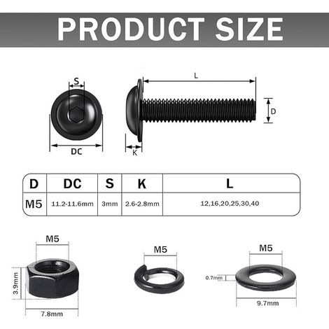 10 Pièces Vis à Tête avec Six Pans Creux M5x25 mm, Jeu de Vis avec Ecrous Hexagonal et Rondelles Elastique, à Tête Bombée Acier Inoxydable A2 V2A, Noire Oxydée (1/5)