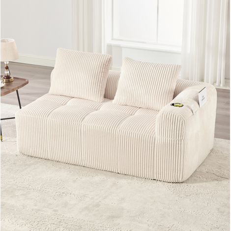 Divano 2 posti in tessuto corduroy beige, senza montaggio, con tasca laterale e portabicchieri (1/5)
