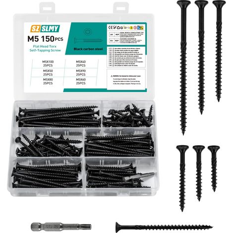 Lot de 150 vis à bois Torx M5, assortiment de vis à panneaux d'aggloméré, vis à tête fraisée, vis universelles, kit de vis autotaraudeuses pour réparation de projets de bricolage (noir) (1/5)