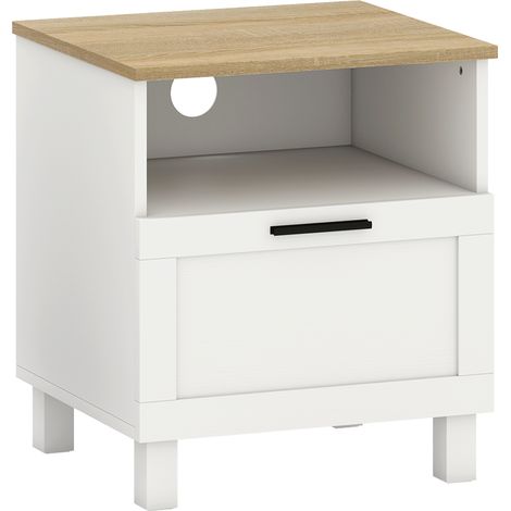 Comodino Moderno 45x38x50 cm con Cassetto e Ripiano in Legno Bianco e color Legno (1/5)