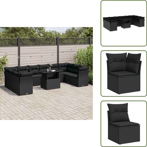 11-tlg. Garten-Sofagarnitur mit Kissen Schwarz Poly Rattan - Gartensortiment - Esszimmergarnitur - Lounge Möbel - Outdoor Sofa - Gartenmöbel Set (1/5)