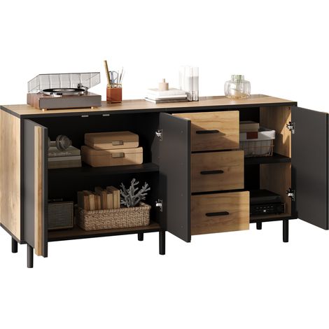 Sideboard mit 3 Türen und 3 Schubladen, 6 Metallbeinen, für Wohn- und Esszimmer, MDF, 140 x 35 x 70 cm, Schwarz (1/5)