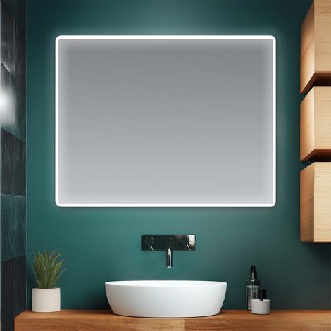 Specchio bagno 80x60 cm reversibile con cornice slim LED naturale (1/5)
