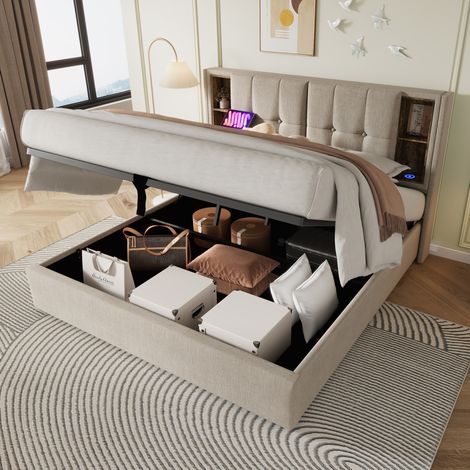 Letto contenitore 140x200 cm in lino naturale con ricarica wireless e USB, senza materasso - CHICFURN (1/5)