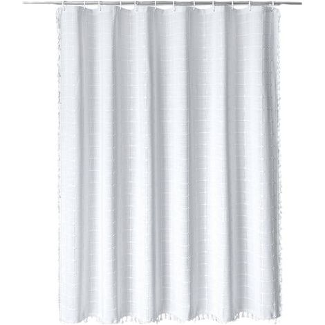 Rideau de douche style bohème, rideau de douche à carreaux avec pompons, 183 x 213 cm (blanc) (1/5)