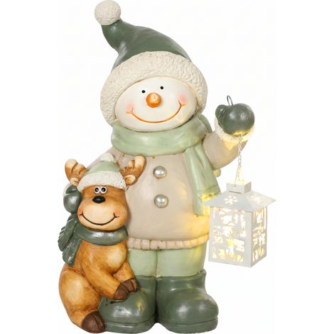 Bonhomme de neige en métal de 43 cm avec lanterne LED et minuterie, pour entrée et porte. (1/5)