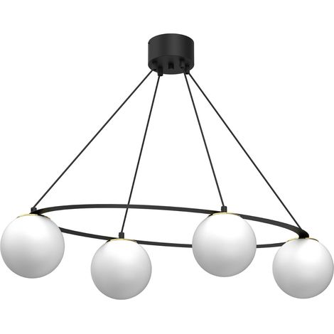 Suspension noire Ballo 4 globes verre blanc doré E27