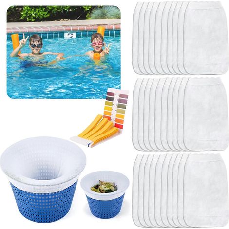 Lot de 30 couvercles de filtre réutilisables pour skimmer de piscine, plus 80 bandelettes de test de pH pour le nettoyage des filtres de piscine. (1/5)