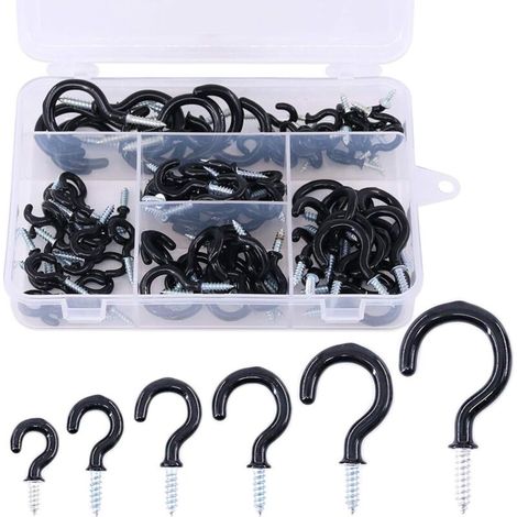 JSSEVN - Pack of 100 screw-in hooks in 6 sizes with black vinyl coating - For home and office (1/5)