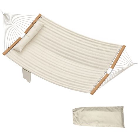 Hängematte mit Holzgestell tragbar gepolsterte Liegefläche abnehmbares Kissen Zeitungstasche 325x140 cm Creme