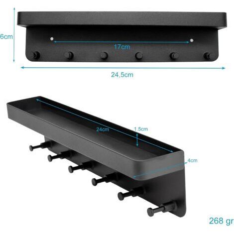 Tastaturablage mit Ablage in Schwarz – 24,5 x 6 cm – Selbstklebend, kein Bohren erforderlich – Tastatur, Schlüsselhalter, Schlüsselleiste – Wandmontierte Hakenleiste mit 6 Haken und Ablagefläche (1/5)