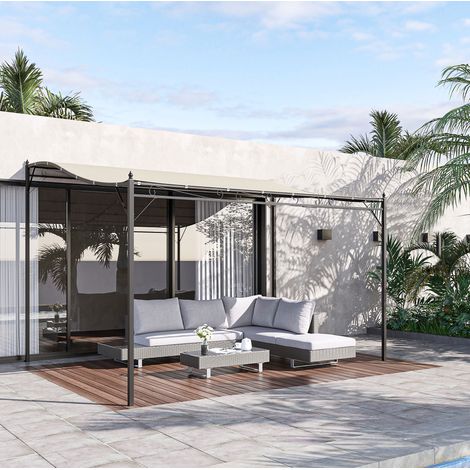 Pérgola de jardín de metal blanco crema 297x297 cm, fijación a pared, techo curvo de poliéster (1/5)