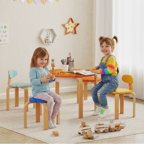 Set tavolo e sedie per bambini 5 pezzi a forma di fiore, legno, multicolore (1/4)