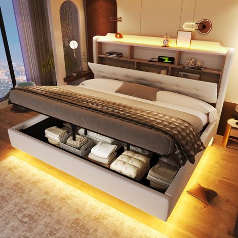 Lit coffre 180x200cm - Lit adulte 180x200 en lin, LED App, USB, Type-C et tête de lit rangement - Moderne - Beige (1/5)