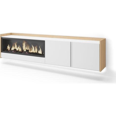Skraut Home - Mueble TV, Televisión, Muebles de salón, almacenaje, 212x35x50cm, Para TV hasta 80", Chimenea eléctrica XXL, Colgado, Suspendido, LED, Estilo Moderno, Blanco y roble soft (1/5)