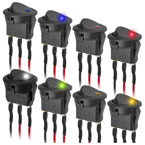 Lot de 8 interrupteurs à bascule ronds SPST KCD1 à 3 broches avec fils pré-soudés pour panneau d'interrupteur, 12 V 20 A, pour voiture, camion, bateau, véhicule récréatif (multicolore) (1/5)