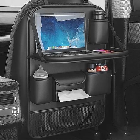 Organisateur Voiture avec Tablette, Protege Siege Voiture avec Table Pliante, Protection Siège Arrière avec Pochette, Organisateur Voitures Enfant avec Plateau et Poche, Noir, 61x42 cm (1/5)