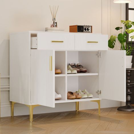 Buffet de style moderne — Un meuble de rangement doté de deux portes et de deux tiroirs, rehaussé de poignées et de pieds en métal idéal pour le salon, l'entrée ou la salle à manger. (1/4)