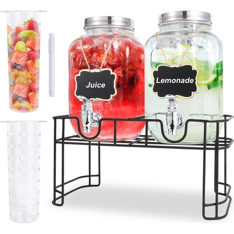 Distributeur de boissons en verre avec robinet, 2 x 4 litres avec infuseur à fruits et support, distributeur d'eau avec robinet pour barbecue, pique-nique, fête, distributeur de boissons (1/5)
